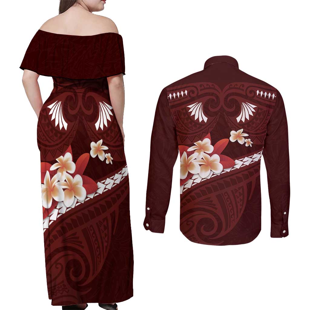 Oxblood Polynesia Couples Matching Off Shoulder Maxi Dress and Long Sleeve Button Shirt Tribal Pattern Tropical Frangipani