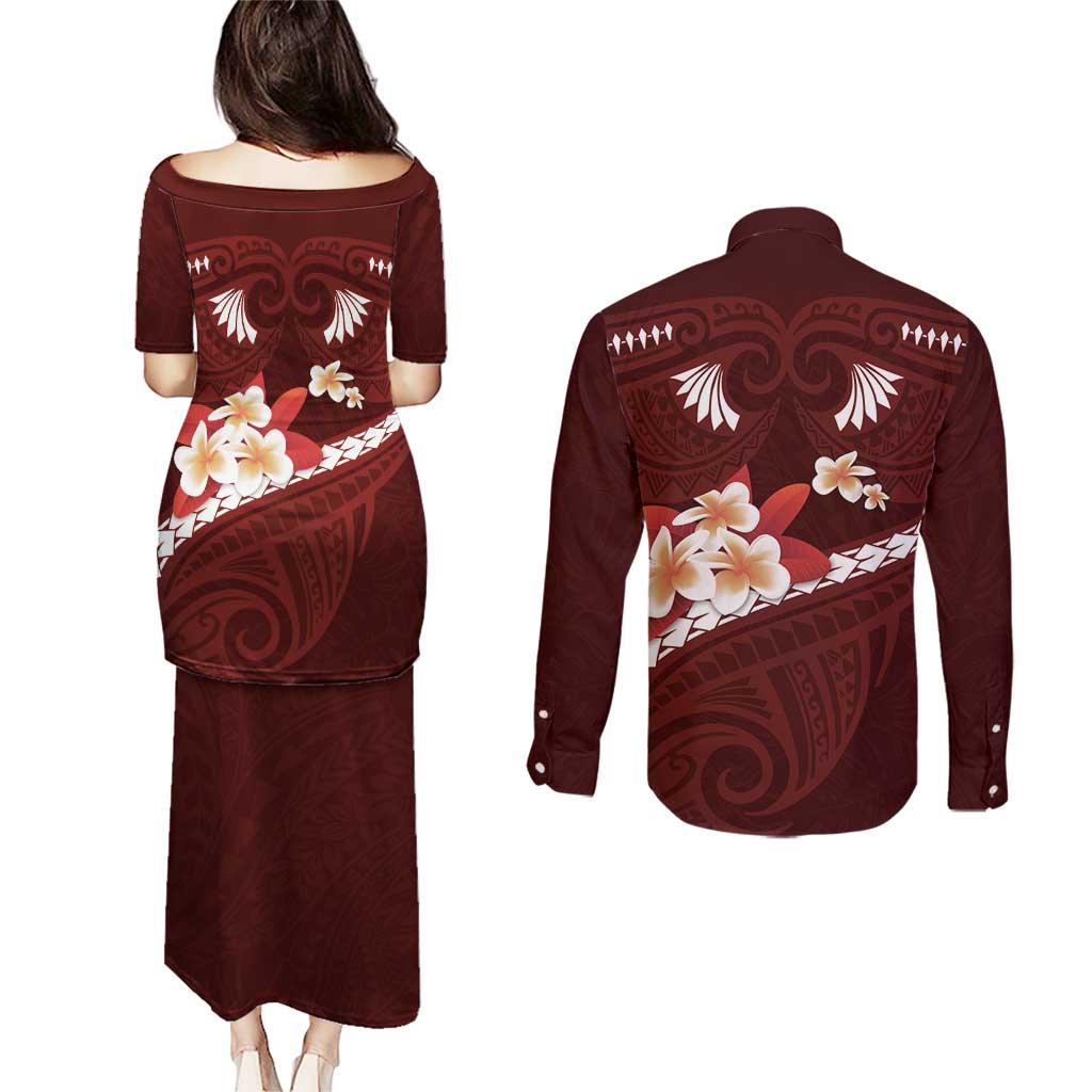 Oxblood Polynesia Couples Matching Puletasi and Long Sleeve Button Shirt Tribal Pattern Tropical Frangipani