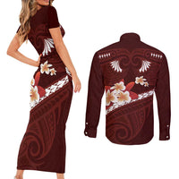 Oxblood Polynesia Couples Matching Short Sleeve Bodycon Dress and Long Sleeve Button Shirt Tribal Pattern Tropical Frangipani