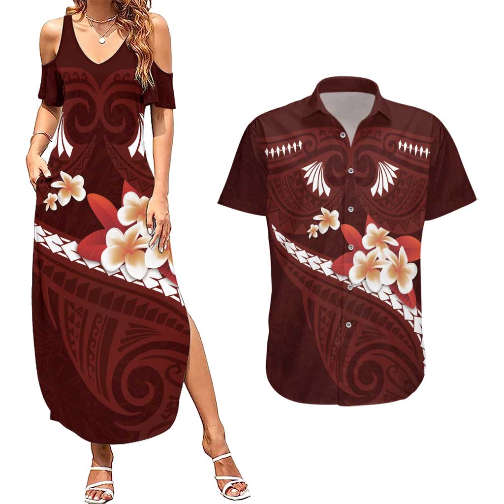 Oxblood Polynesia Couples Matching Summer Maxi Dress and Hawaiian Shirt Tribal Pattern Tropical Frangipani