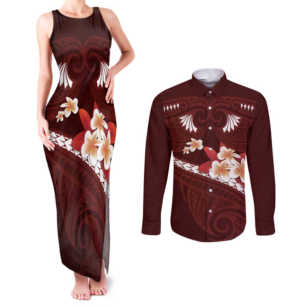 Oxblood Polynesia Couples Matching Tank Maxi Dress and Long Sleeve Button Shirt Tribal Pattern Tropical Frangipani