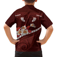 Oxblood Polynesia Family Matching Off Shoulder Short Dress and Hawaiian Shirt Tribal Pattern Tropical Frangipani