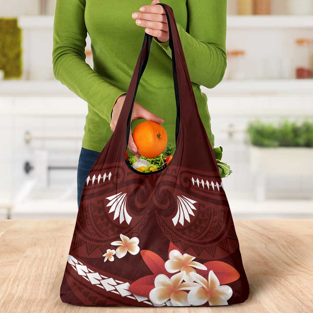 Oxblood Polynesia Grocery Bag Tribal Pattern Tropical Frangipani