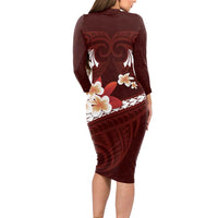 Oxblood Polynesia Long Sleeve Bodycon Dress Tribal Pattern Tropical Frangipani