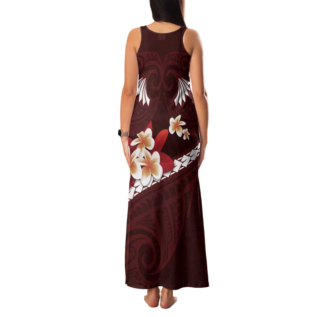 Oxblood Polynesia Tank Maxi Dress Tribal Pattern Tropical Frangipani