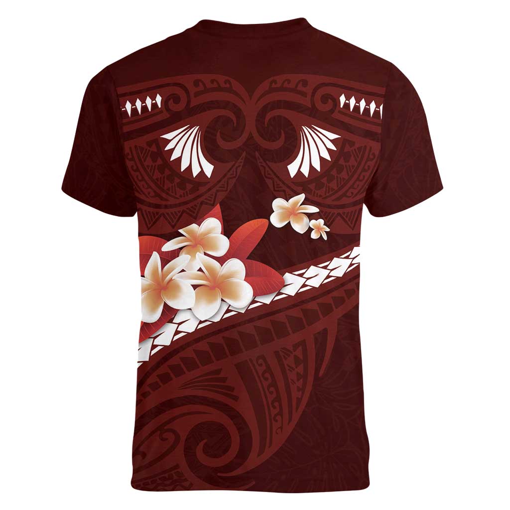 Oxblood Polynesia Women V-Neck T-Shirt Tribal Pattern Tropical Frangipani LT14 - Polynesian Pride