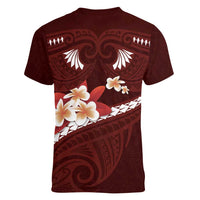 Oxblood Polynesia Women V-Neck T-Shirt Tribal Pattern Tropical Frangipani LT14 - Polynesian Pride