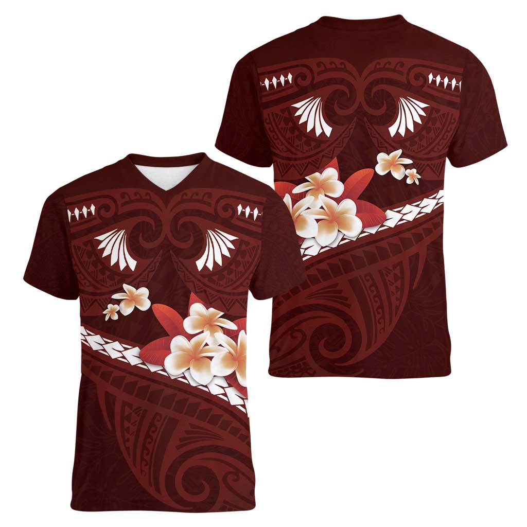 Oxblood Polynesia Women V-Neck T-Shirt Tribal Pattern Tropical Frangipani LT14 - Polynesian Pride