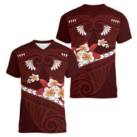 Oxblood Polynesia Women V-Neck T-Shirt Tribal Pattern Tropical Frangipani LT14 - Polynesian Pride