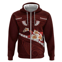 Oxblood Polynesia Zip Hoodie Tribal Pattern Tropical Frangipani
