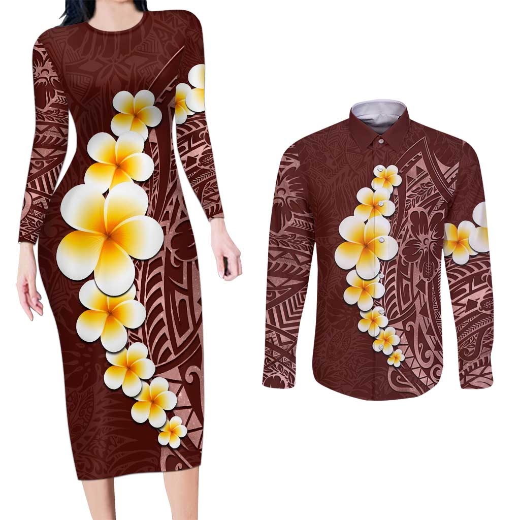 Oxblood Tropical Plumeria With Galaxy Polynesian Art Couples Matching Long Sleeve Bodycon Dress and Long Sleeve Button Shirt