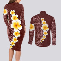Oxblood Tropical Plumeria With Galaxy Polynesian Art Couples Matching Long Sleeve Bodycon Dress and Long Sleeve Button Shirt