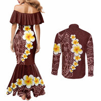 Oxblood Tropical Plumeria With Galaxy Polynesian Art Couples Matching Mermaid Dress and Long Sleeve Button Shirt