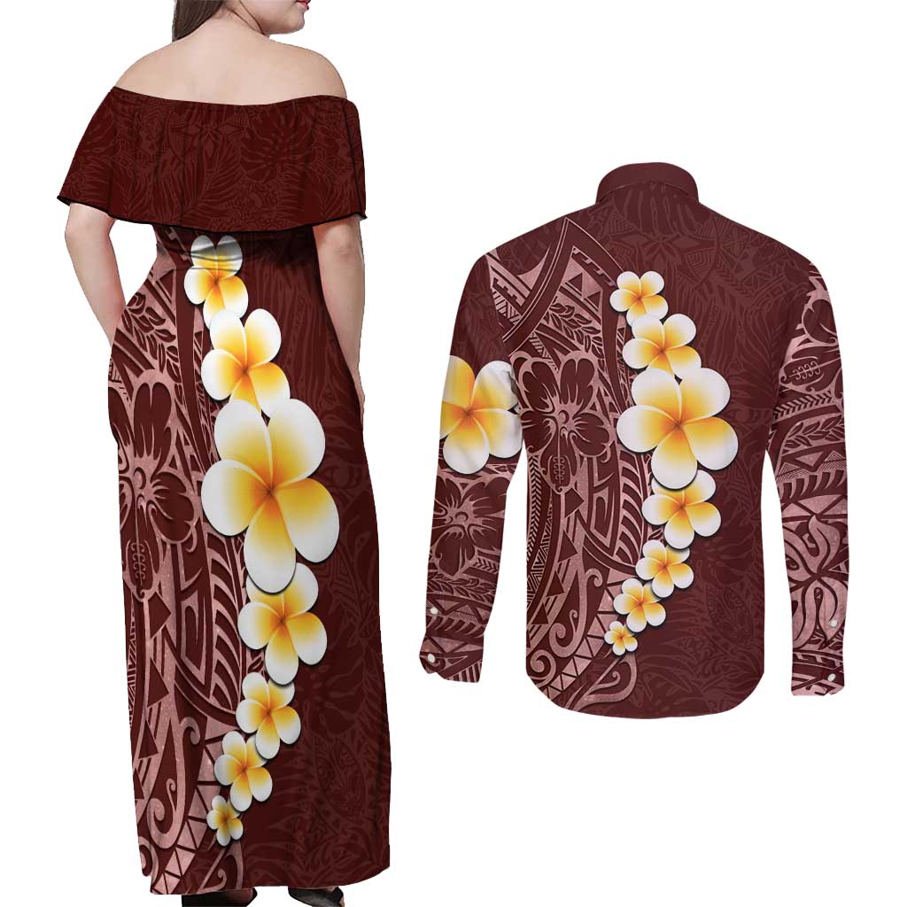Oxblood Tropical Plumeria With Galaxy Polynesian Art Couples Matching Off Shoulder Maxi Dress and Long Sleeve Button Shirt