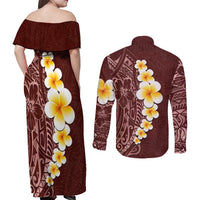 Oxblood Tropical Plumeria With Galaxy Polynesian Art Couples Matching Off Shoulder Maxi Dress and Long Sleeve Button Shirt