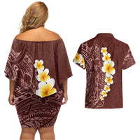 Oxblood Tropical Plumeria With Galaxy Polynesian Art Couples Matching Off Shoulder Short Dress and Hawaiian Shirt