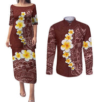 Oxblood Tropical Plumeria With Galaxy Polynesian Art Couples Matching Puletasi and Long Sleeve Button Shirt