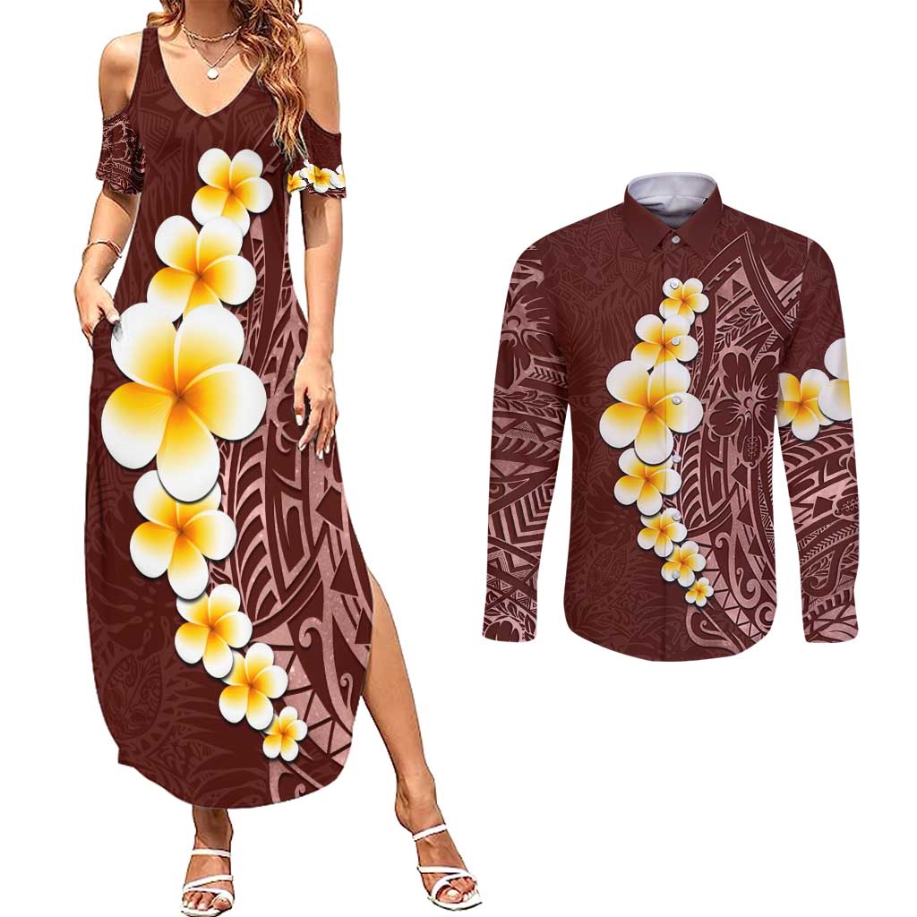 Oxblood Tropical Plumeria With Galaxy Polynesian Art Couples Matching Summer Maxi Dress and Long Sleeve Button Shirt