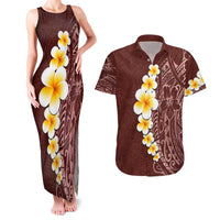 Oxblood Tropical Plumeria With Galaxy Polynesian Art Couples Matching Tank Maxi Dress and Hawaiian Shirt