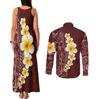 Oxblood Tropical Plumeria With Galaxy Polynesian Art Couples Matching Tank Maxi Dress and Long Sleeve Button Shirt