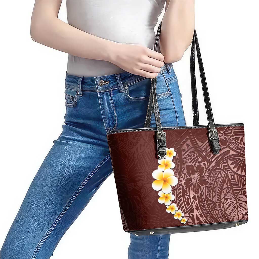 Oxblood Tropical Plumeria With Galaxy Polynesian Art Leather Tote Bag