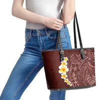 Oxblood Tropical Plumeria With Galaxy Polynesian Art Leather Tote Bag