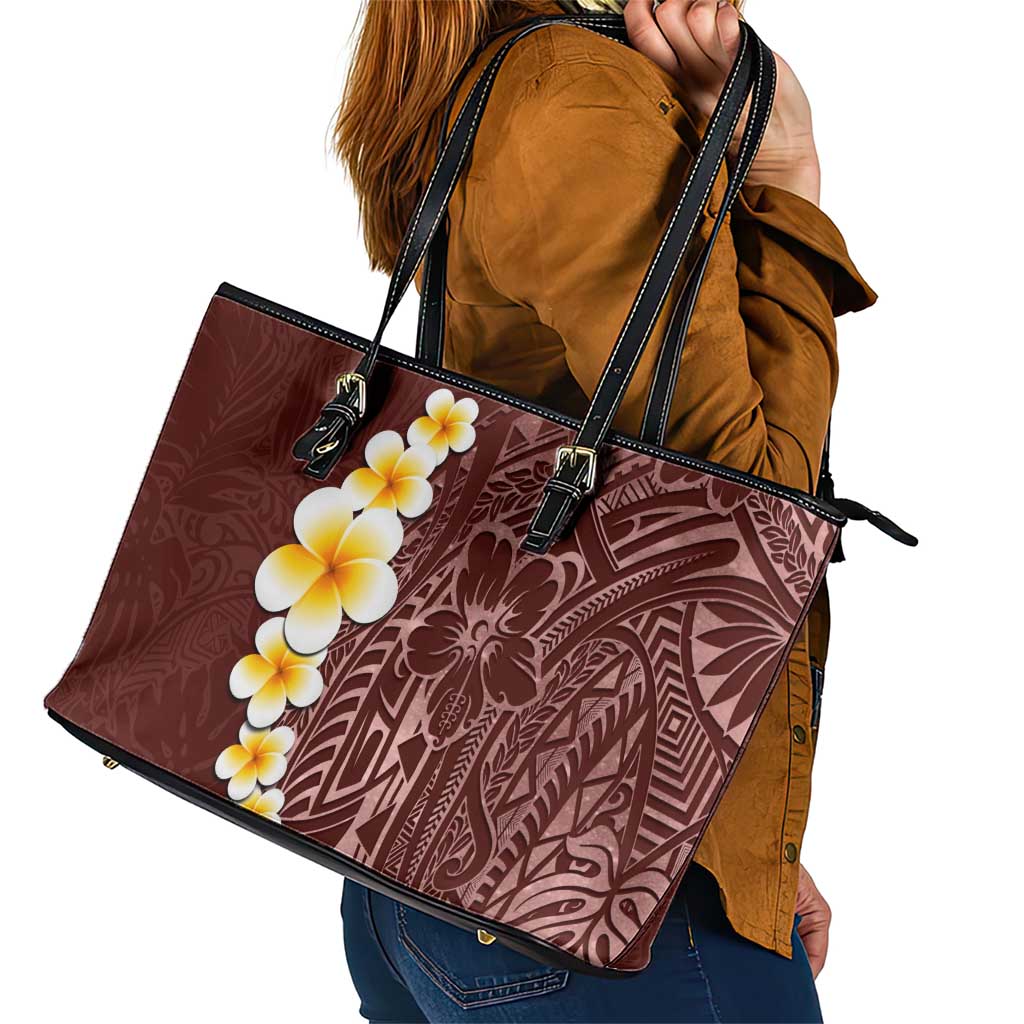 Oxblood Tropical Plumeria With Galaxy Polynesian Art Leather Tote Bag