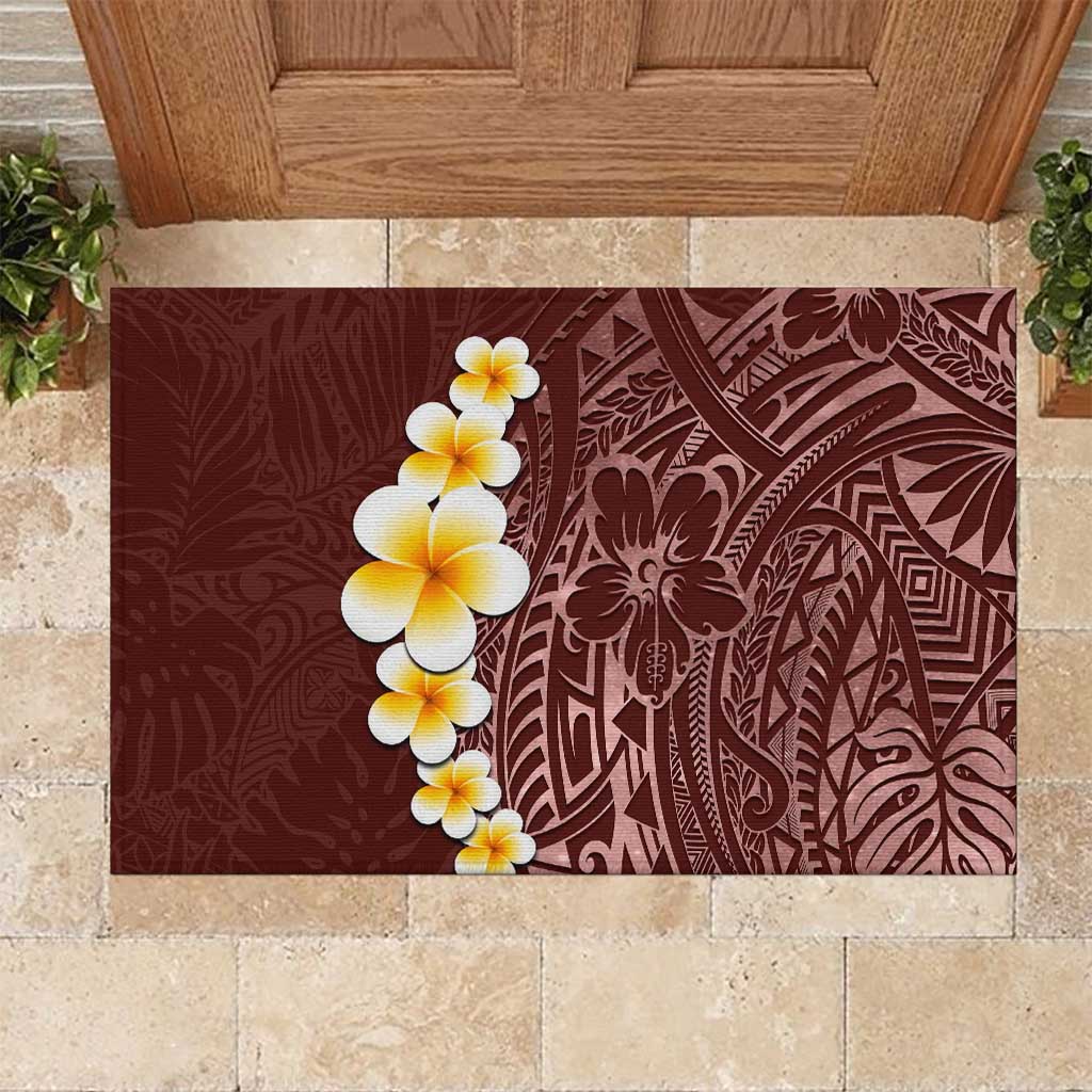 Oxblood Tropical Plumeria With Galaxy Polynesian Art Rubber Doormat