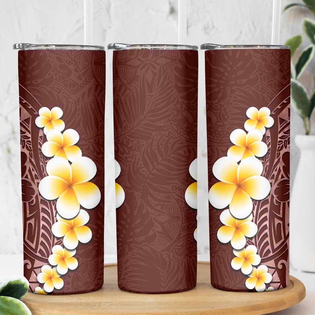 Oxblood Tropical Plumeria With Galaxy Polynesian Art Skinny Tumbler