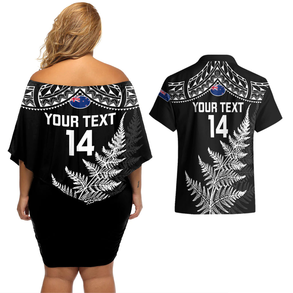 Personalised New Zealand Silver Fern Rugby Couples Matching Off Shoulder Short Dress and Hawaiian Shirt Go All Black 2023 World Cup LT14 - Polynesian Pride