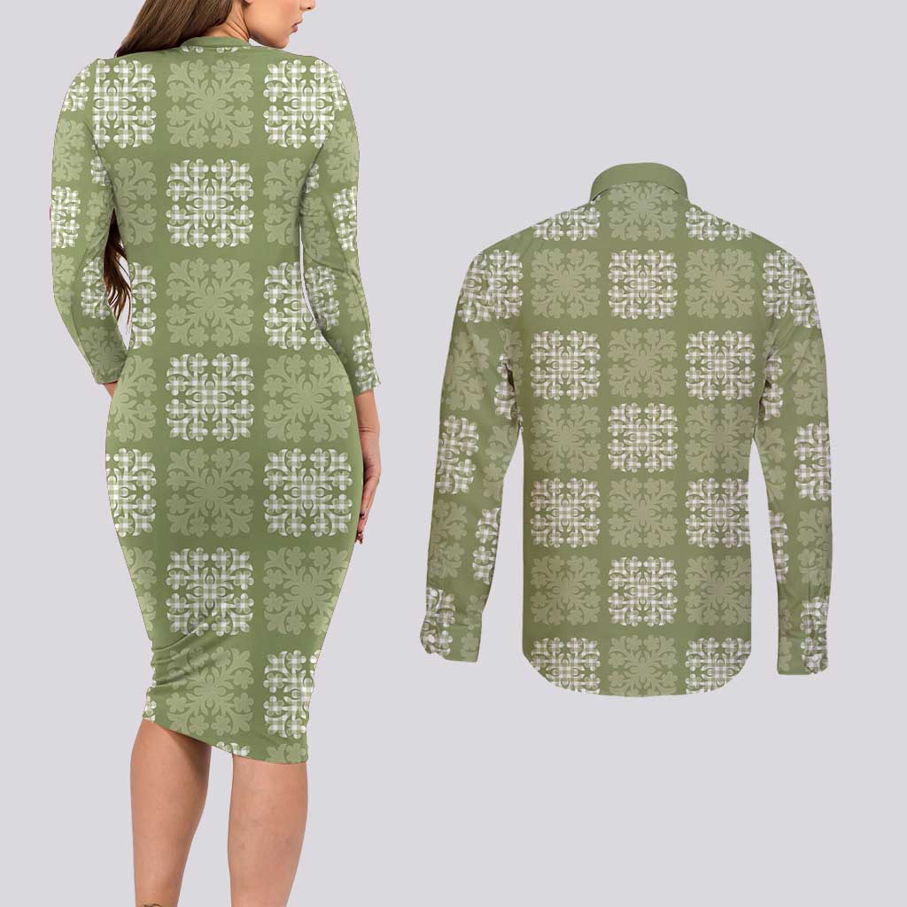 Vesuvian Green Palaka Quilt Hawaii Couples Matching Long Sleeve Bodycon Dress and Long Sleeve Button Shirt Traditional Hawaii-plaid Pattern - Polynesian Pride