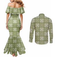 Vesuvian Green Palaka Quilt Hawaii Couples Matching Mermaid Dress and Long Sleeve Button Shirt Traditional Hawaii-plaid Pattern - Polynesian Pride