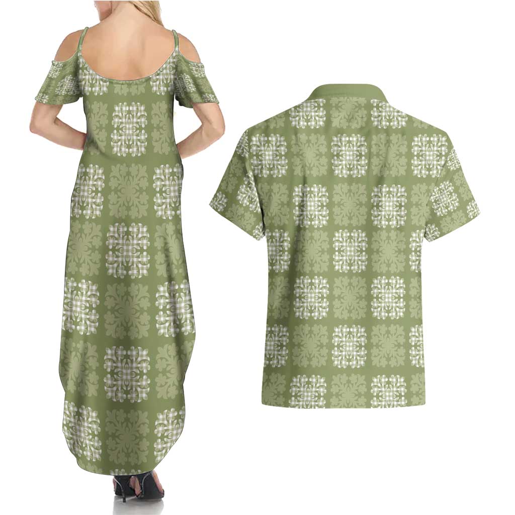 Vesuvian Green Palaka Quilt Hawaii Couples Matching Summer Maxi Dress and Hawaiian Shirt Traditional Hawaii-plaid Pattern - Polynesian Pride