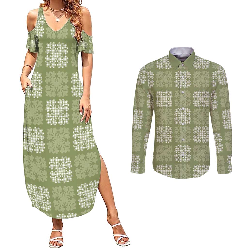 Vesuvian Green Palaka Quilt Hawaii Couples Matching Summer Maxi Dress and Long Sleeve Button Shirt Traditional Hawaii-plaid Pattern - Polynesian Pride