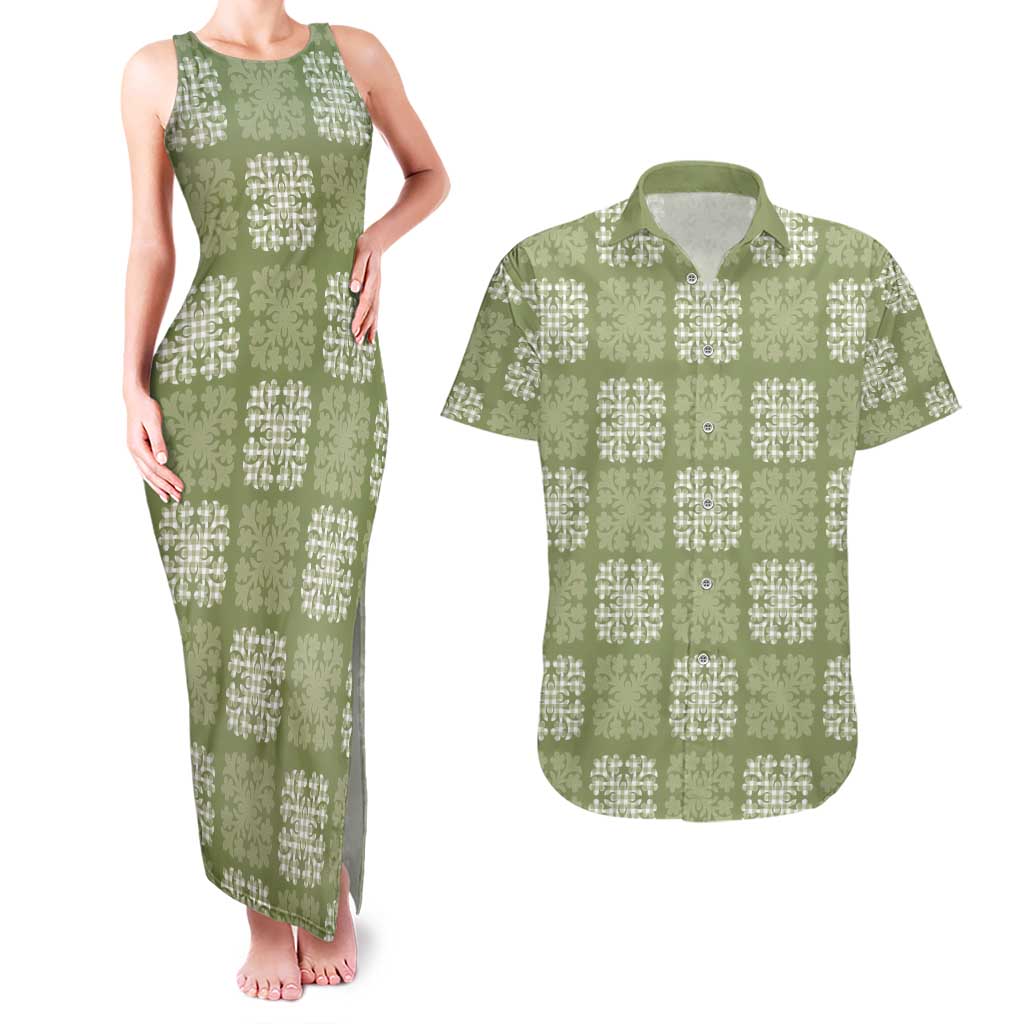 Vesuvian Green Palaka Quilt Hawaii Couples Matching Tank Maxi Dress and Hawaiian Shirt Traditional Hawaii-plaid Pattern - Polynesian Pride