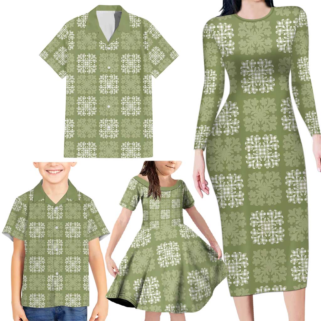 Vesuvian Green Palaka Quilt Hawaii Family Matching Long Sleeve Bodycon Dress and Hawaiian Shirt Traditional Hawaii-plaid Pattern - Polynesian Pride