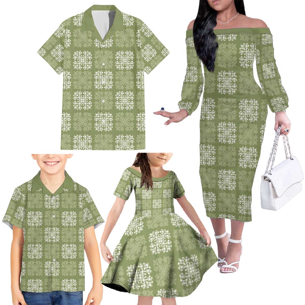 Vesuvian Green Palaka Quilt Hawaii Family Matching Off The Shoulder Long Sleeve Dress and Hawaiian Shirt Traditional Hawaii-plaid Pattern - Polynesian Pride