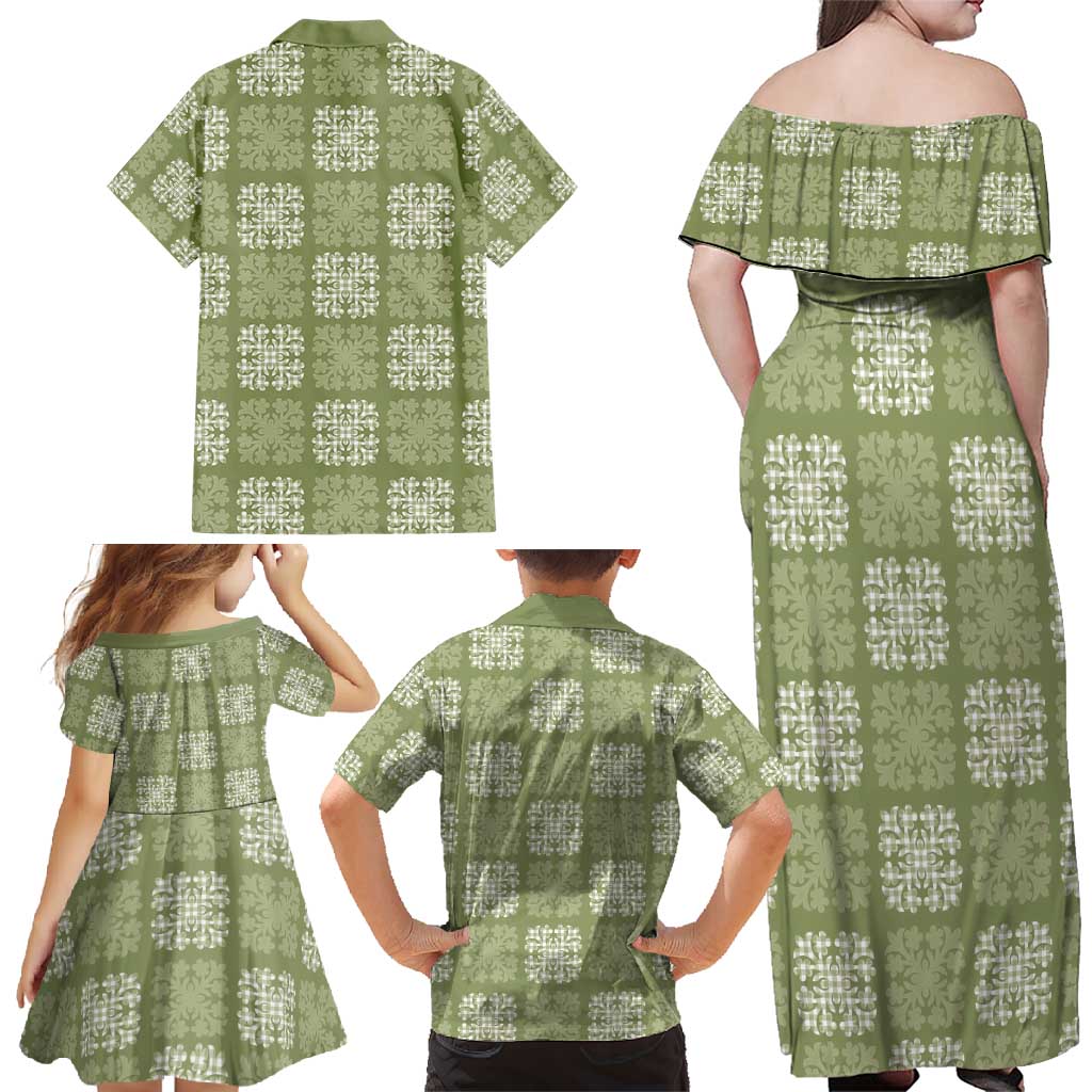Vesuvian Green Palaka Quilt Hawaii Family Matching Off Shoulder Maxi Dress and Hawaiian Shirt Traditional Hawaii-plaid Pattern - Polynesian Pride