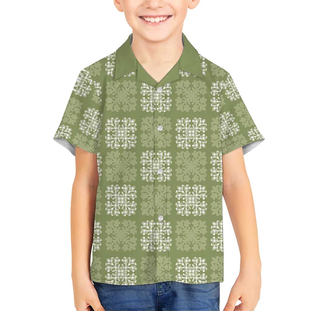 Vesuvian Green Palaka Quilt Hawaii Family Matching Off Shoulder Maxi Dress and Hawaiian Shirt Traditional Hawaii-plaid Pattern - Polynesian Pride