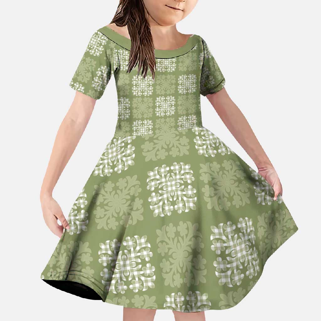 Vesuvian Green Palaka Quilt Hawaii Family Matching Short Sleeve Bodycon Dress and Hawaiian Shirt Traditional Hawaii-plaid Pattern - Polynesian Pride