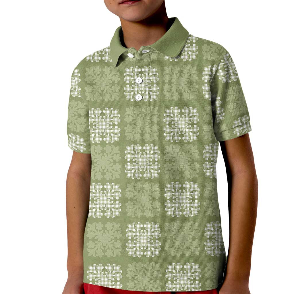 Vesuvian Green Palaka Quilt Hawaii Kid Polo Shirt Traditional Hawaii-plaid Pattern - Polynesian Pride