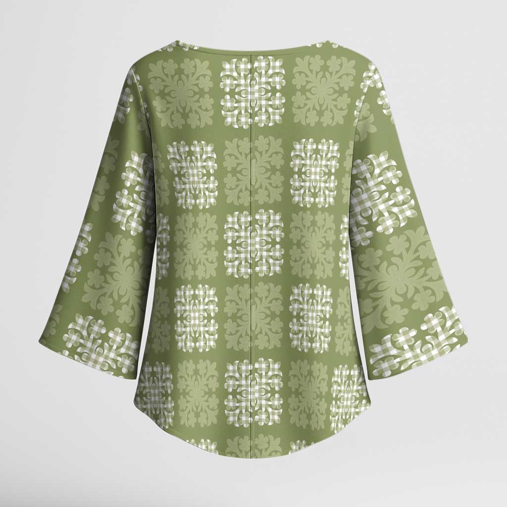 Vesuvian Green Palaka Quilt Hawaii Kimono Sleeve Blouse Traditional Hawaii-plaid Pattern - Polynesian Pride
