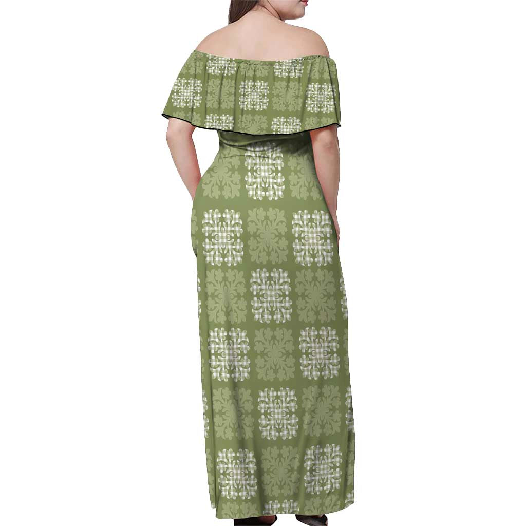 Vesuvian Green Palaka Quilt Hawaii Off Shoulder Maxi Dress Traditional Hawaii-plaid Pattern - Polynesian Pride