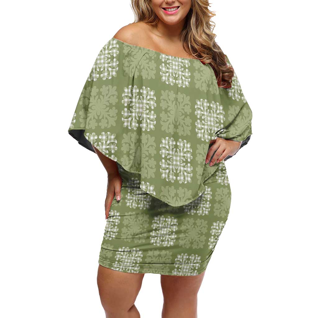 Vesuvian Green Palaka Quilt Hawaii Off Shoulder Short Dress Traditional Hawaii-plaid Pattern - Polynesian Pride