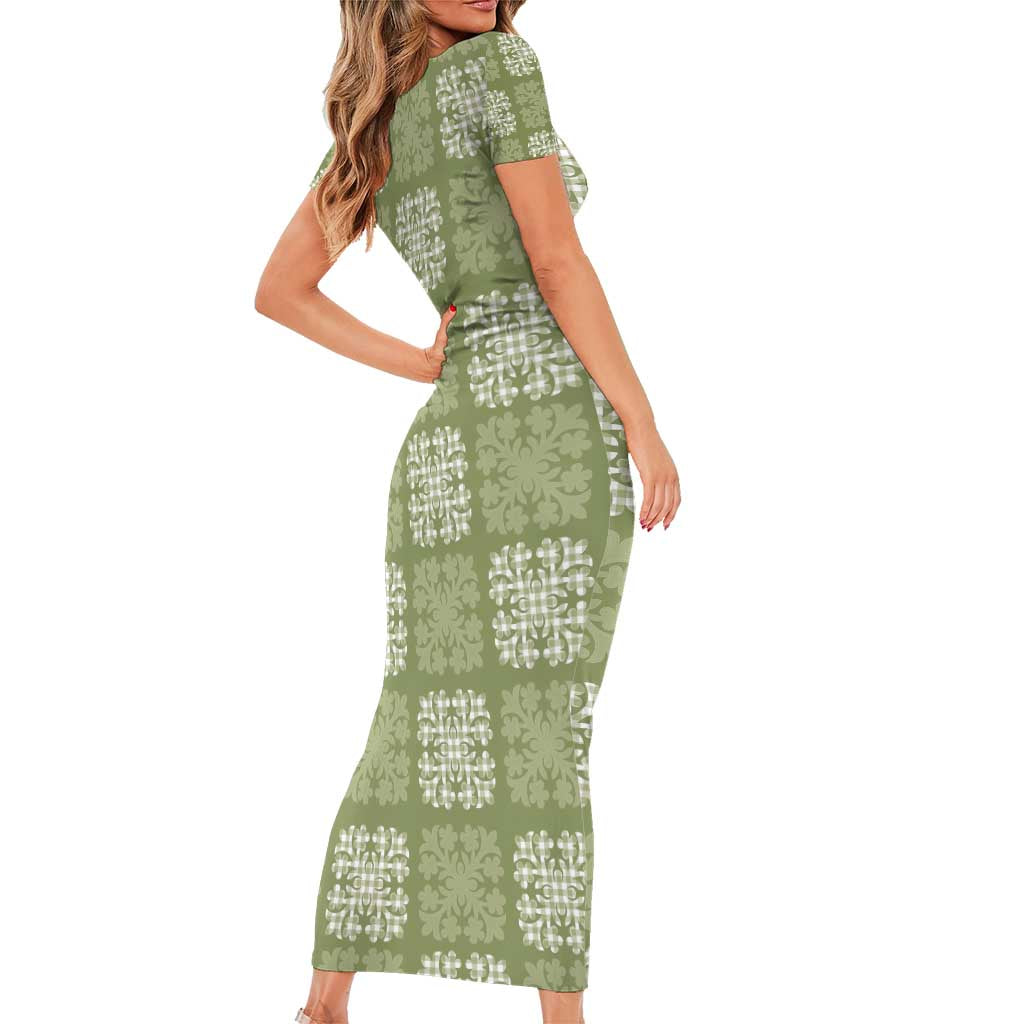 Vesuvian Green Palaka Quilt Hawaii Short Sleeve Bodycon Dress Traditional Hawaii-plaid Pattern - Polynesian Pride