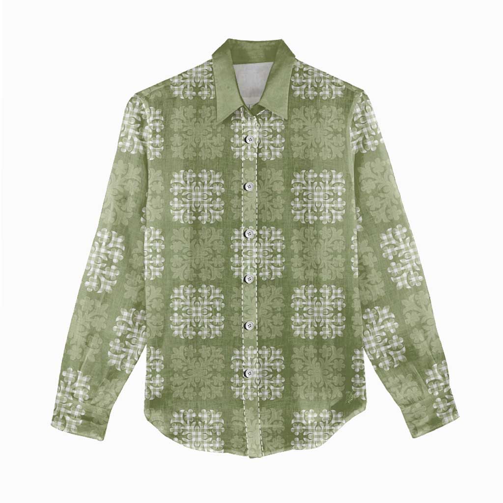 Vesuvian Green Palaka Quilt Hawaii Women Casual Shirt Traditional Hawaii-plaid Pattern - Polynesian Pride