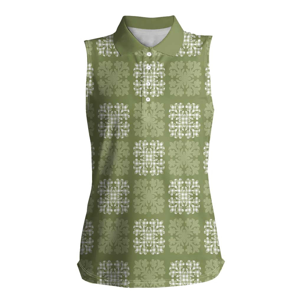 Vesuvian Green Palaka Quilt Hawaii Women Sleeveless Polo Shirt Traditional Hawaii-plaid Pattern - Polynesian Pride