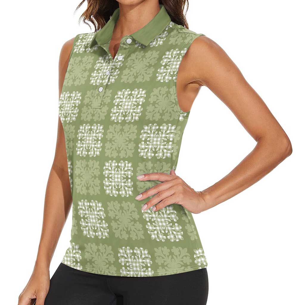 Vesuvian Green Palaka Quilt Hawaii Women Sleeveless Polo Shirt Traditional Hawaii-plaid Pattern - Polynesian Pride