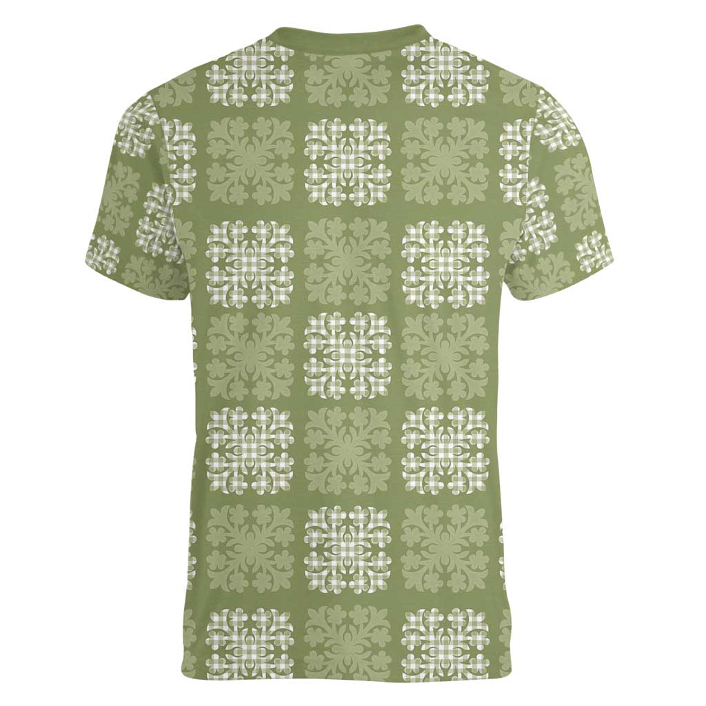 Vesuvian Green Palaka Quilt Hawaii Women V-Neck T-Shirt Traditional Hawaii-plaid Pattern - Polynesian Pride