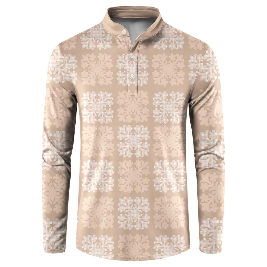 Beige Palaka Quilt Hawaii Button Sweatshirt Traditional Hawaii-plaid Pattern - Polynesian Pride